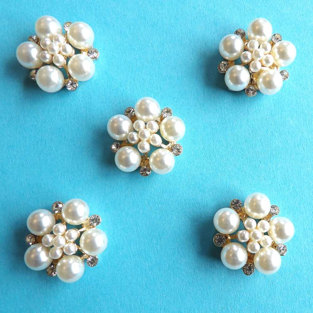 6 pearl and diamante Flower Design trim with five large and small pearl gold colour metal base size 25mm flat back clearance