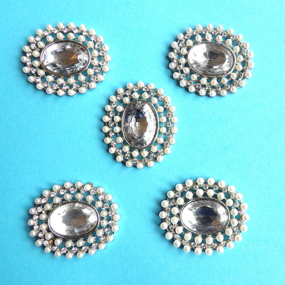 5 Oval Pearl Metal and Sparkly Diamante Trims with a Stone in the Centre Flat Back size 50mm x 43mm clearance