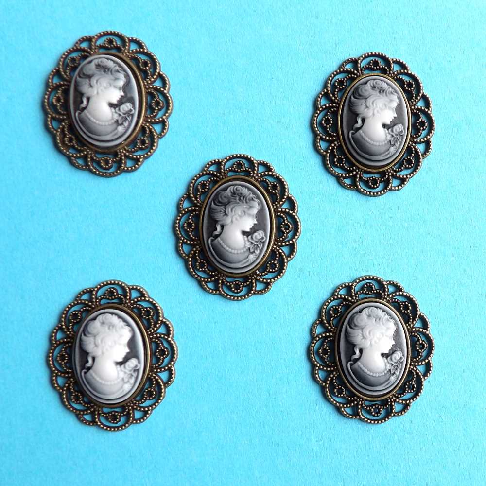 5 Dusty Grey Cameo with dark gold colour metal edge flat back size 35mm x 40mm clearance