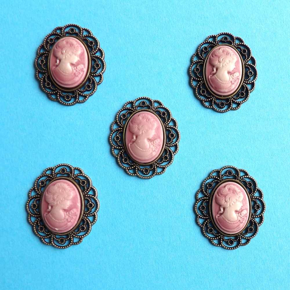 5 Dusty Pink Cameo with dark gold colour metal edge flat back size 35mm x 40mm clearance