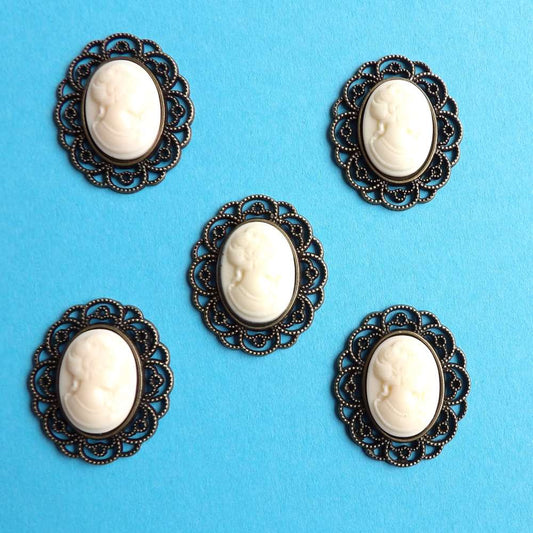 5 Ivory Cameo with dark gold colour metal edge flat back size 35mm x 40mm clearance