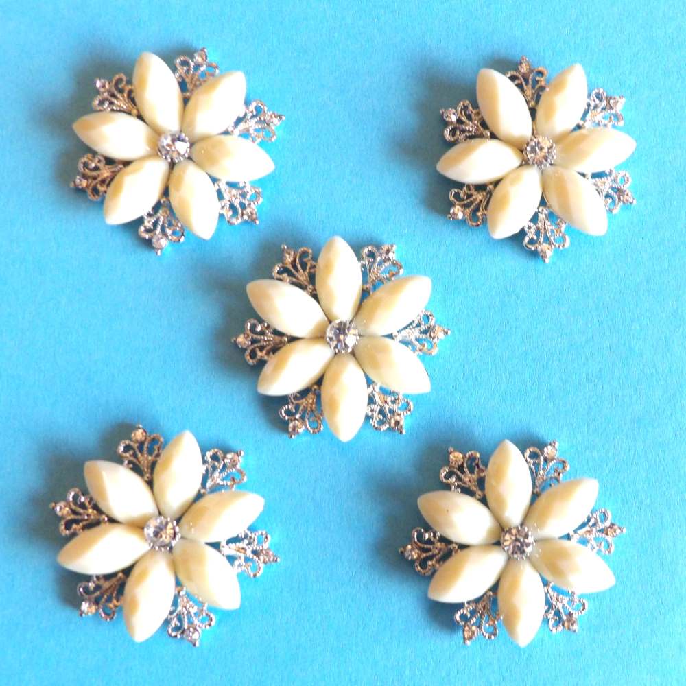 10 Spike Type Flower with Cream Pearle Petals and Sparkly Diamantes Flat Back Trims size 44mm clearance