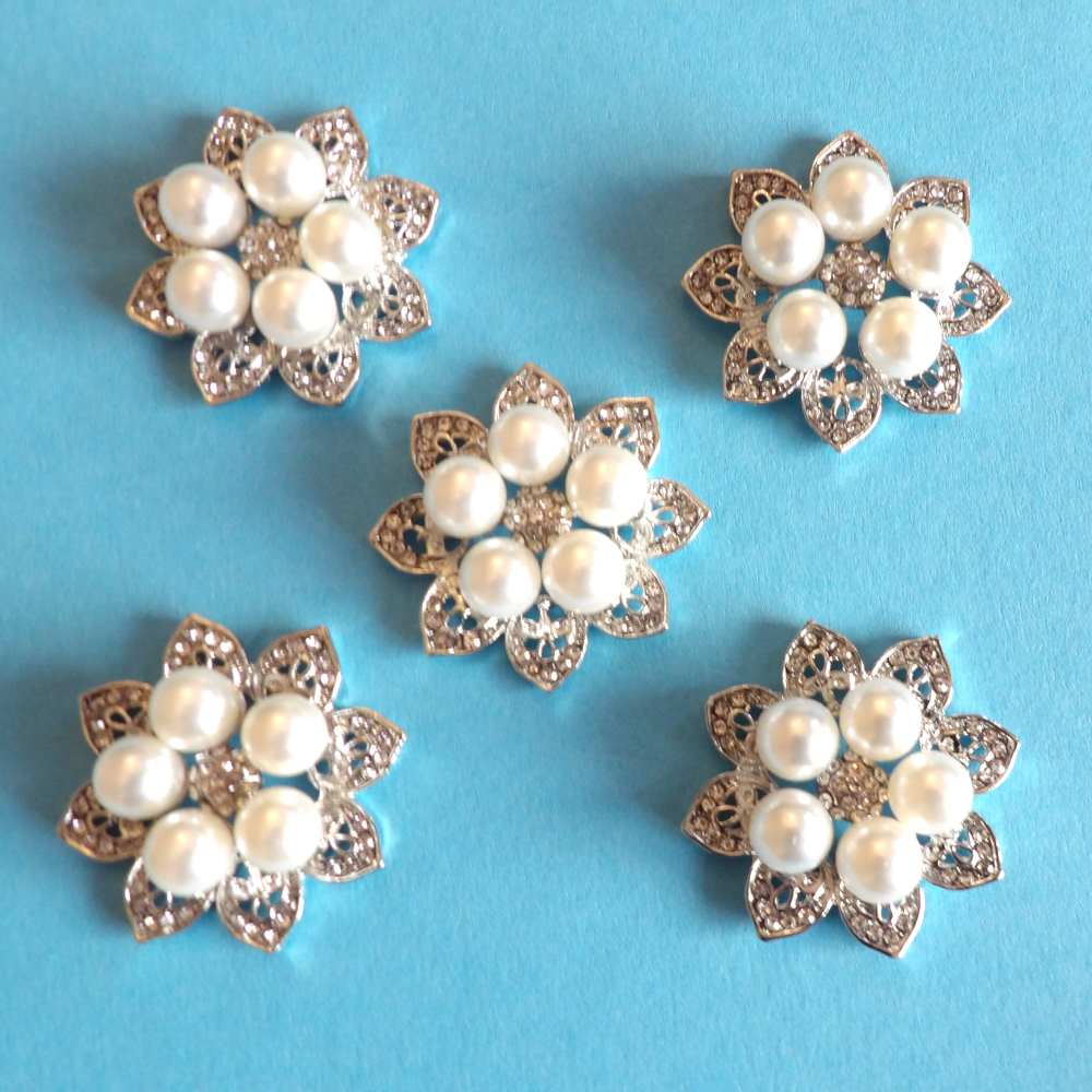 5 Flower Pearl and Sparkly Diamantes Flat Back Metal Trims size 40mm clearance