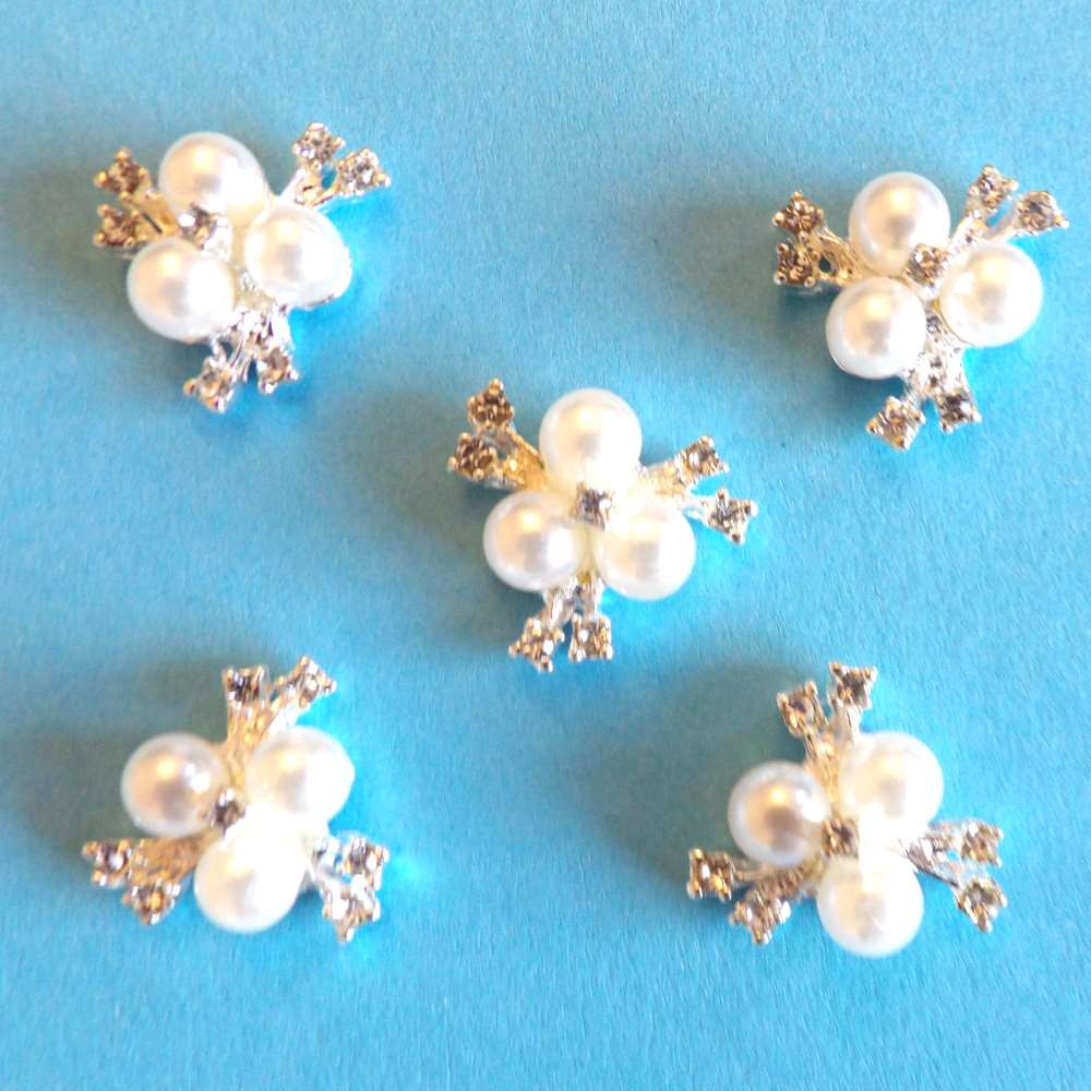 5 Small Pearls and Silver Colour Metal Diamantes Flat Back Trims size 21mm clearance