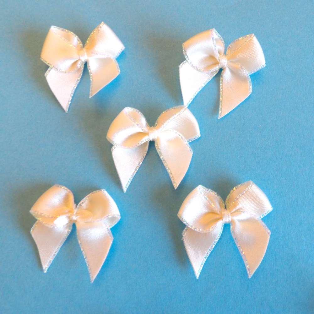 50 Ivory satin ribbon bows with iridescent edge made with 15mm ribbon size 40mm clearance