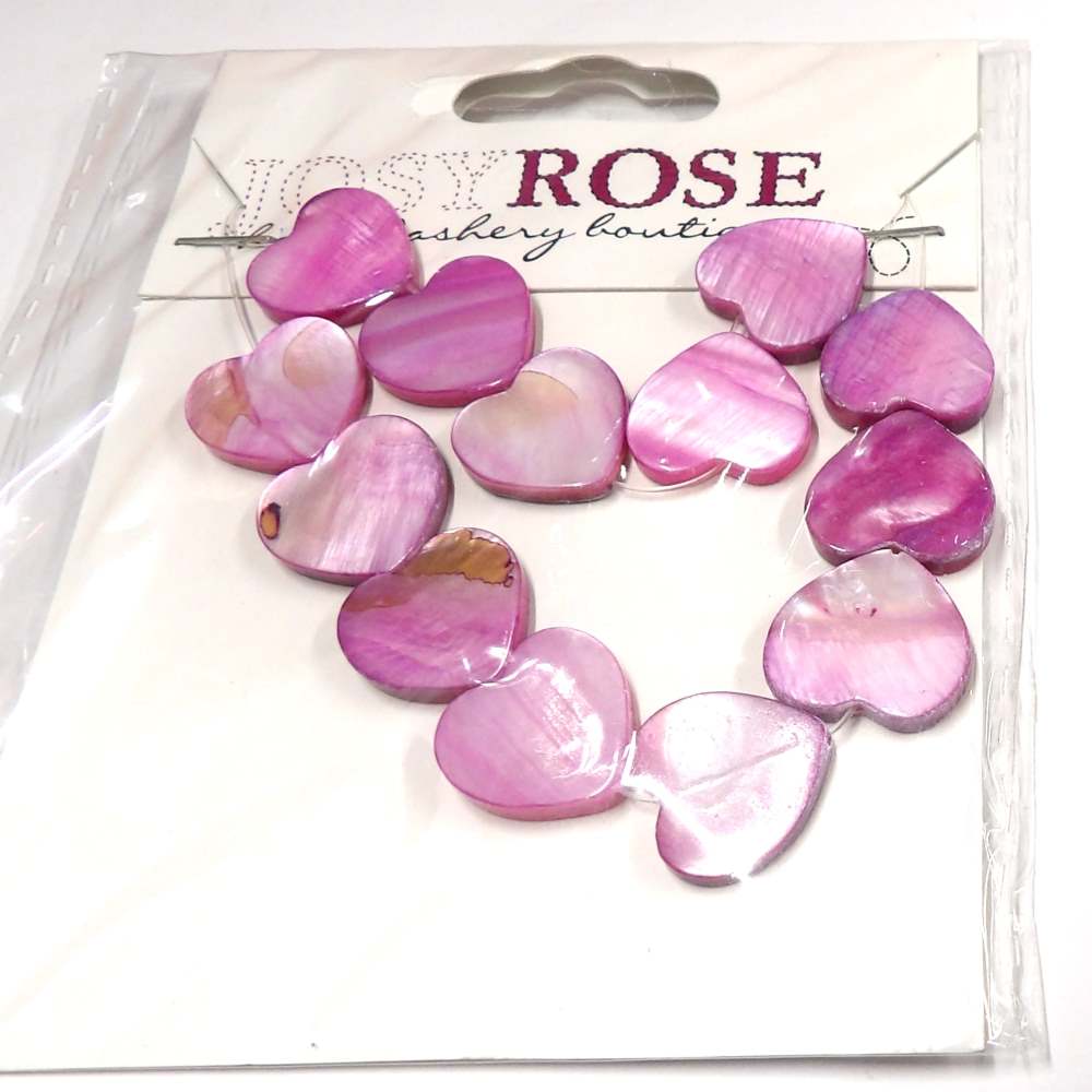 Card of 13 lilac mother of pearl heart beads size 15mm Josy Rose Brand clearance