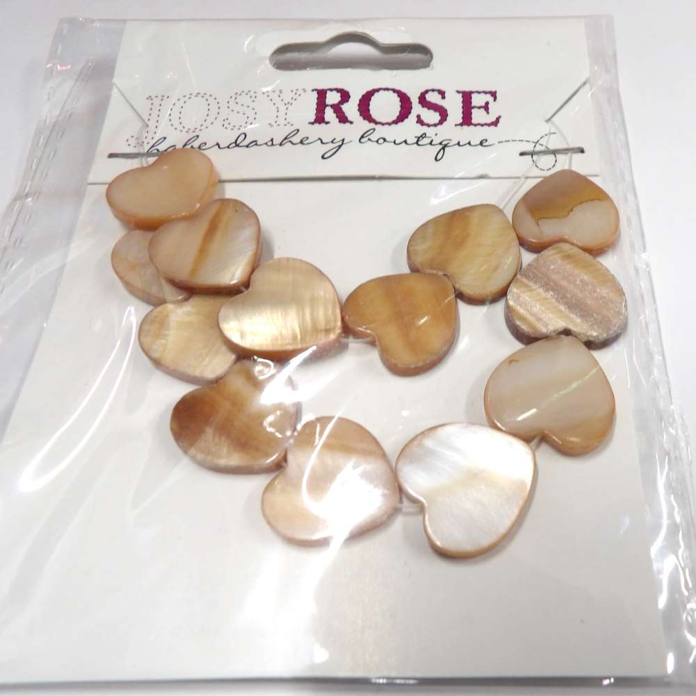 Card of 13 Fawn Mother of Pearl Heart Beads size 15mm Josy Rose Brand clearance