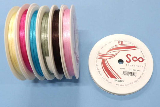 50 metre reel of 3mm double satin ribbon Sinfinity Shindo Brand choice of colours Clearance