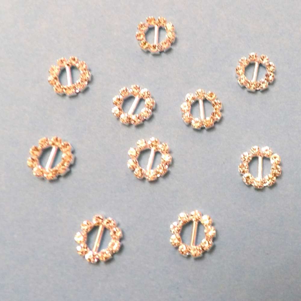 10 Mini Round Buckles with a 5mm bar Sparkly Diamantes Set In Silver Colour Metal size 9mm clearance