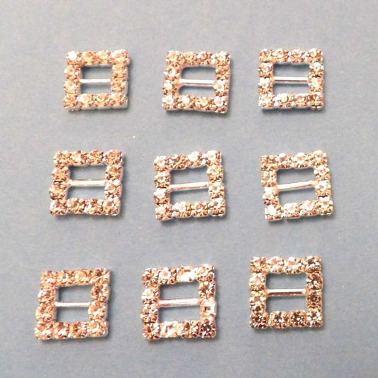 10 Small Square Buckles with a 7mm bar Sparkly Diamantes Set In Silver Colour Metal size 13mm clearance