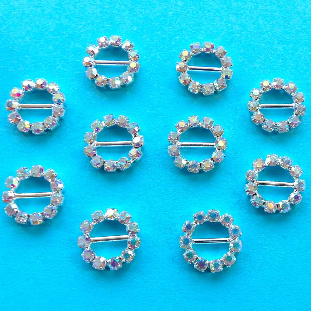 10 Small Round Buckles with a 7mm bar Sparkly Diamantes AB Iridescent Set In Silver Colour Metal size 15mm clearance