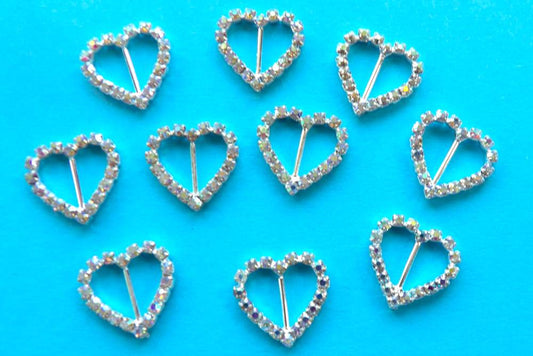 10 Small Heart Buckles with a 10mm bar Sparkly Diamantes AB Iridescent Set In Silver Colour Metal size 18mm clearance