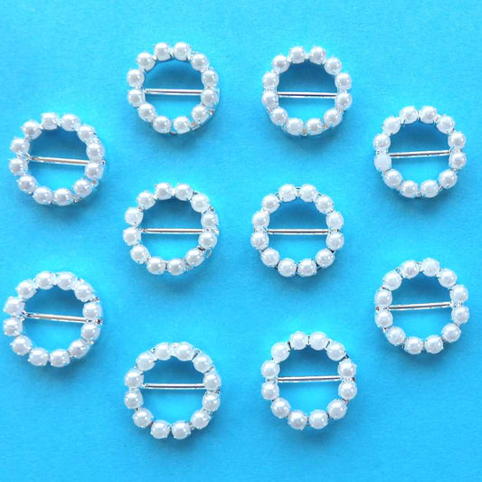 10 Small Round Buckles with a 13mm bar White Pearl Beads Set In Silver Colour Metal size 20mm clearance