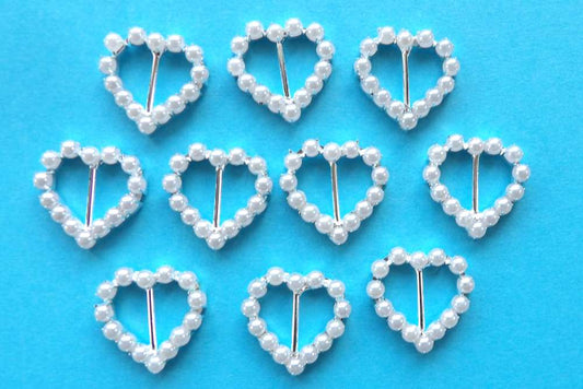 10 Small Heart Buckles with a 11mm bar White Pearl Beads Set In Silver Colour Metal size 23mm clearance