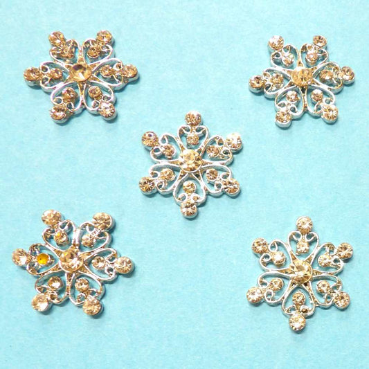 10 Snowflake Design Sparkly Diamante Silver Colour Metal Flat Back Trims size 29mm clearance