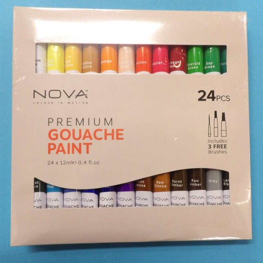 24 assorted colours of 12mm Gouache paint and 3 brushers Nova Brand