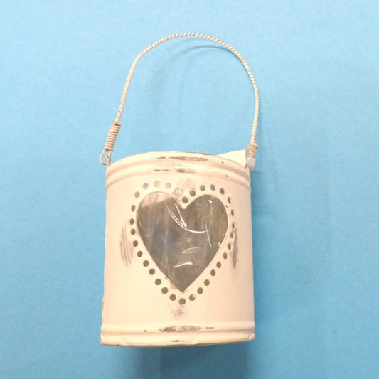 Metal Bucket with handle Ivory / Dark Silver Tea Light Holder with Cut Out Heart Design Size 72mm x 62mm Clearance