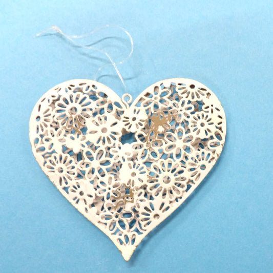 Metal Heart Ivory / Dark Silver Cut Out Hollow Flower Design with Hanging Loop Size 10cm Clearance