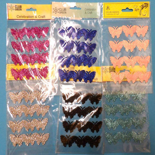 Card of 12 Butterfly Design Glitter Card Decorations with sticky pad on the back size 40mm x 30mm choice of colour clearance