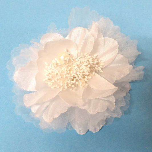 White satin petals and Fine Net Type Flower brooch Large and Small White Bead Pearl in the centre and Hair Clip on the back size 10cm clearance