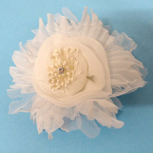 White Fabric Chiffon and Fine Net Type Flower brooch with Diamante in the centre and Hair Clip on the back size 12cm clearance