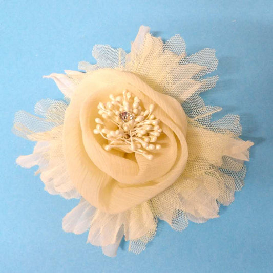 Cream Fabric Chiffon and Fine Net Type Flower brooch with Diamante in the centre and Hair Clip on the back size 12cm clearance