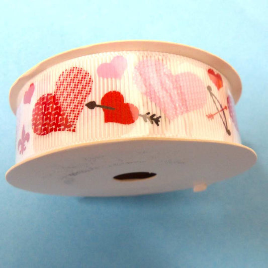 10 metres of white grosgrain ribbon with a Love Pink and Red Hearts and Cupid Arrow design size 22mm