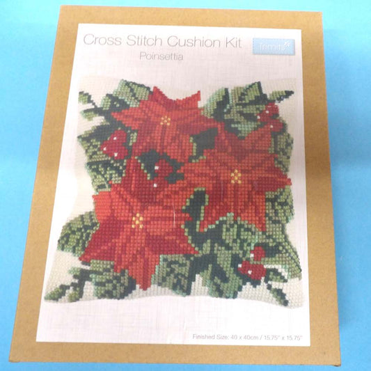 Christmas Cross Stitch Kit to make a Poinsettia Design cushion size 40cm x 40cm Trimits Brand