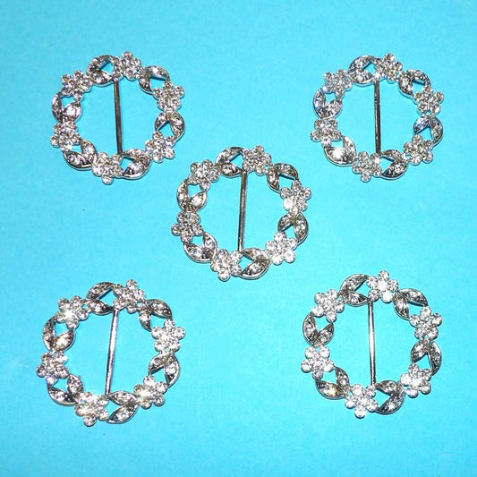 5 Round Shaped Buckles with a 30mm bar With 6 Daisy Shape Sparkly Diamantes Flowers Set In Silver Colour Metal size 55mm clearance