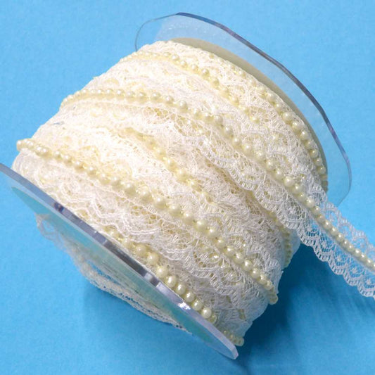 20 yards reel of ivory double edged Lace with strung 2mm ivory beads in the centre 20mm wide clearance