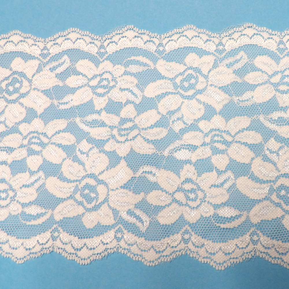7 metres of Wide White Rose Design Double Edge Stretch Lace 15cm / 6 inch wide clearance loose in a bag