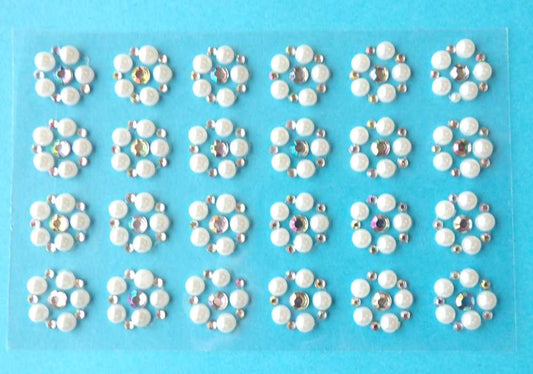 10 sheets of 24 Diamante AB muti colour and ivory pearl Flower Shape Self Adhesive Sticker flower size 12mm clearance