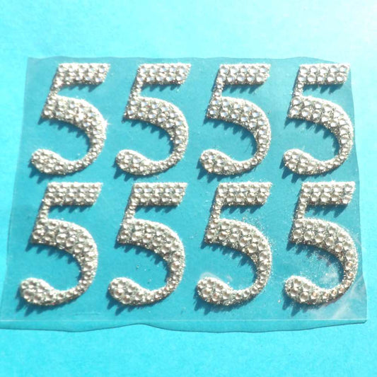 Diamante Numbers 8 on a card Clear and Silver ' Number 5 ' Design Self Adhesive Sticker Size 57mm clearance