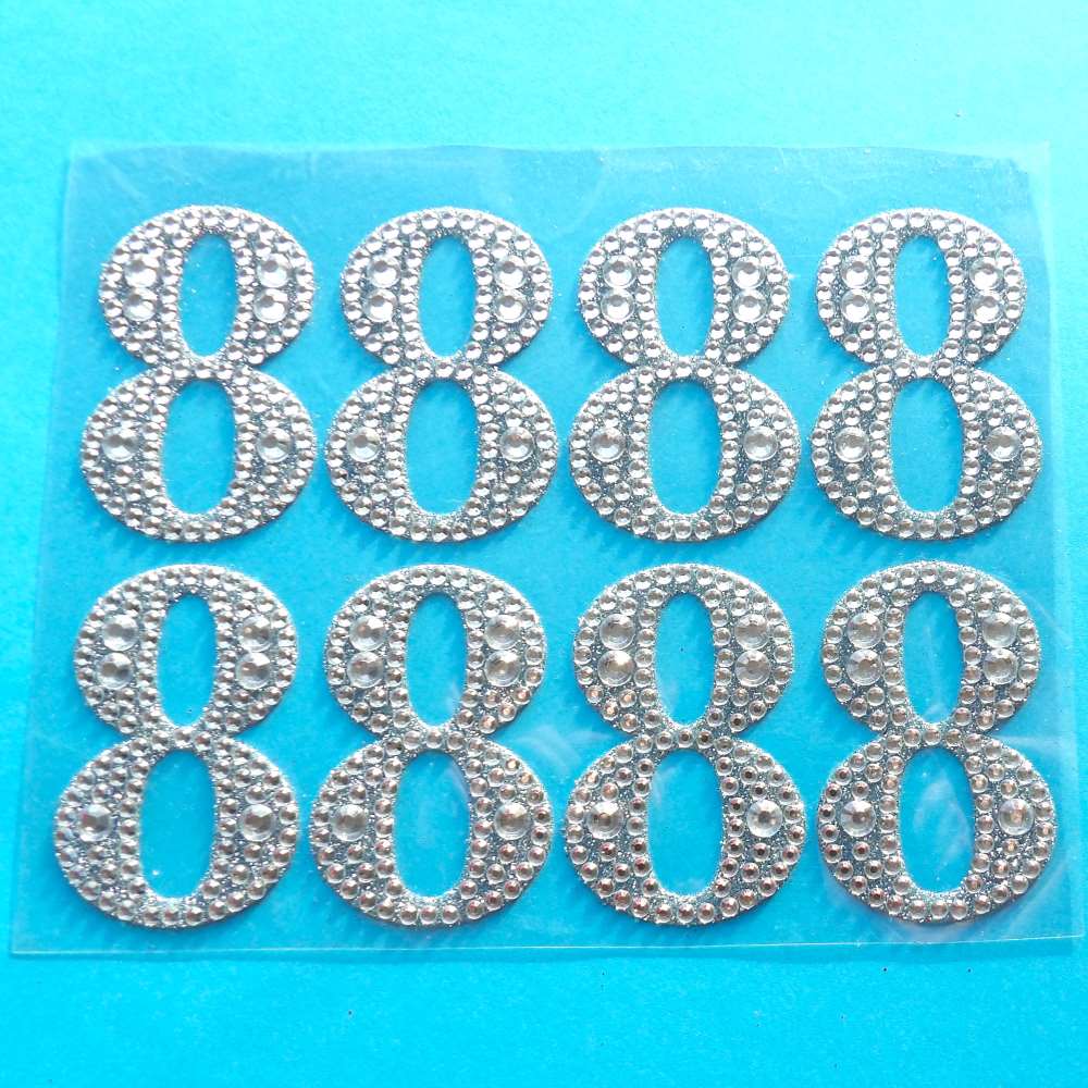 Diamante Numbers 8 on a card Clear and Silver ' Number 8 ' Design Self Adhesive Sticker Size 57mm clearance