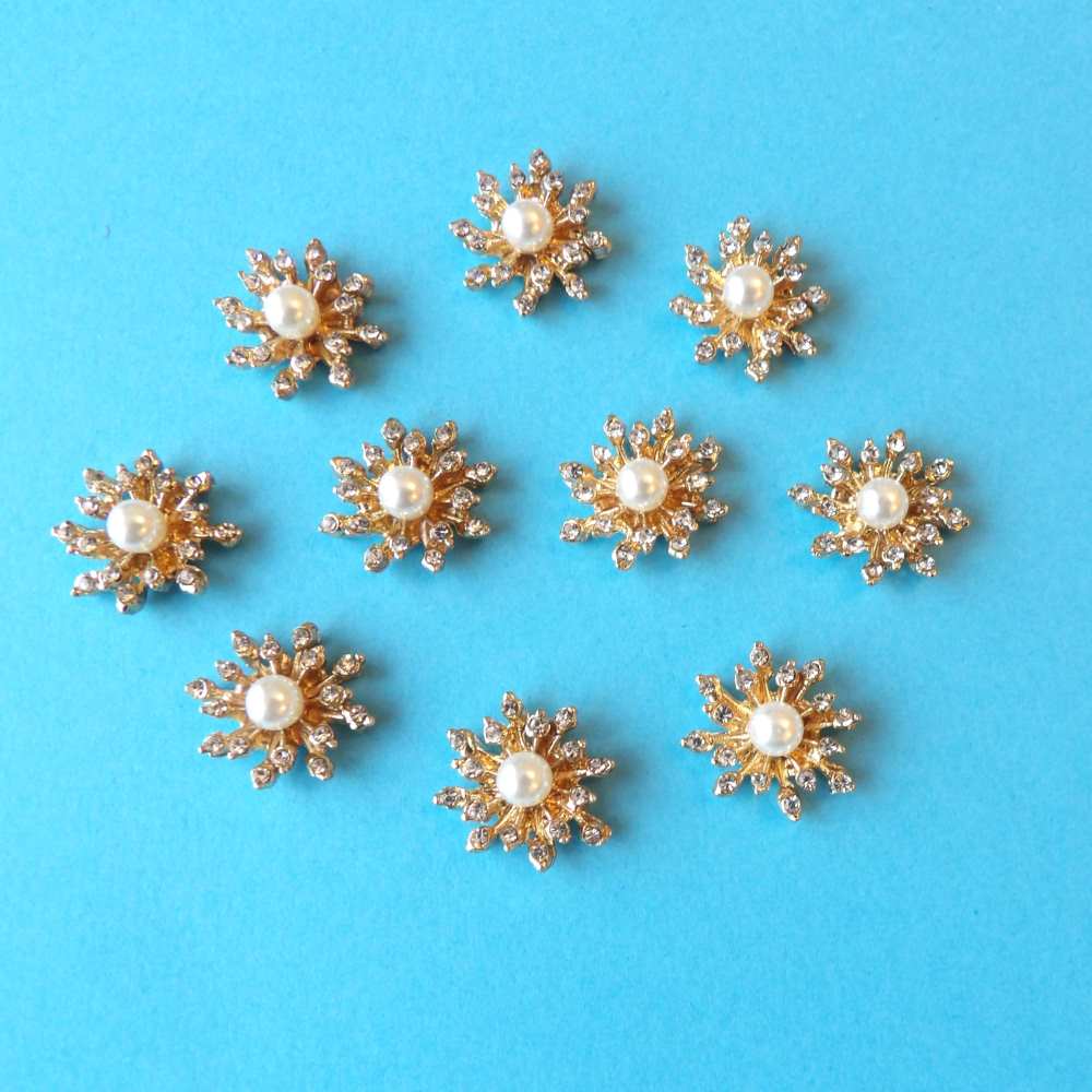 10 Small Flower shape with sparkly diamantes and pearl gold colour met ...