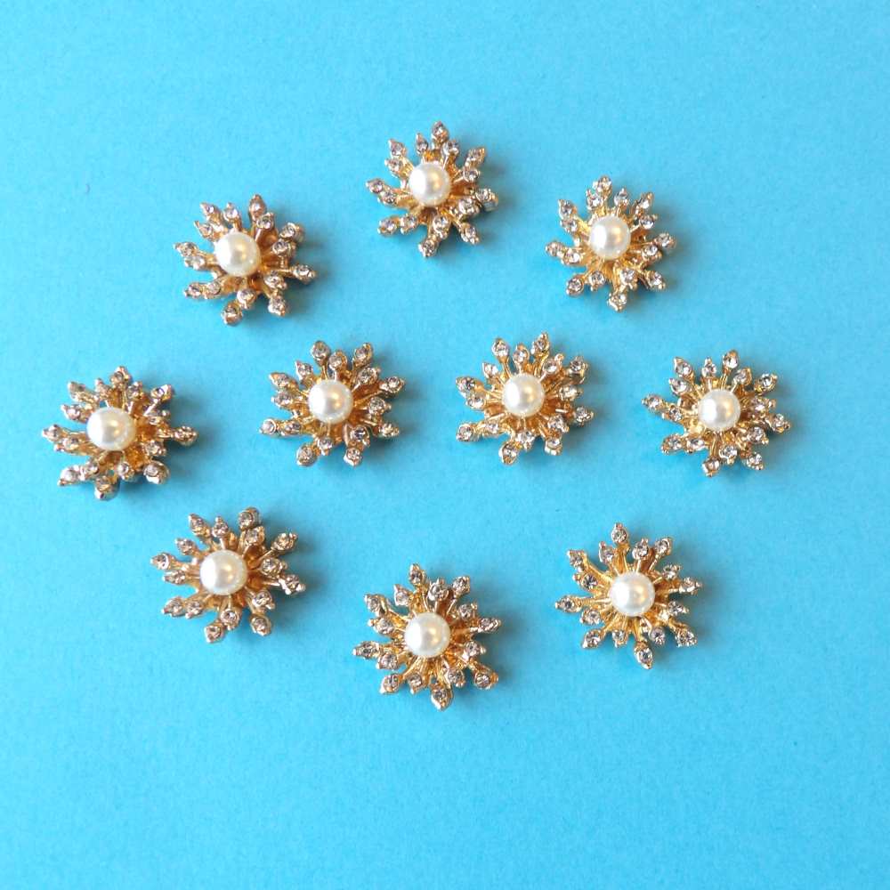 10 Small Flower shape with sparkly diamantes and pearl gold colour metal flat back size 18mm x 16mm clearance