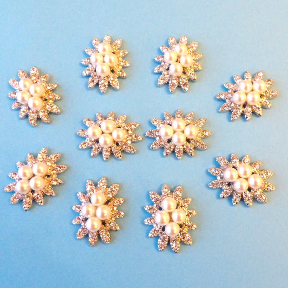 10 flower shape with sparkly diamantes and pearls flat back size 29mm x 22mm clearance