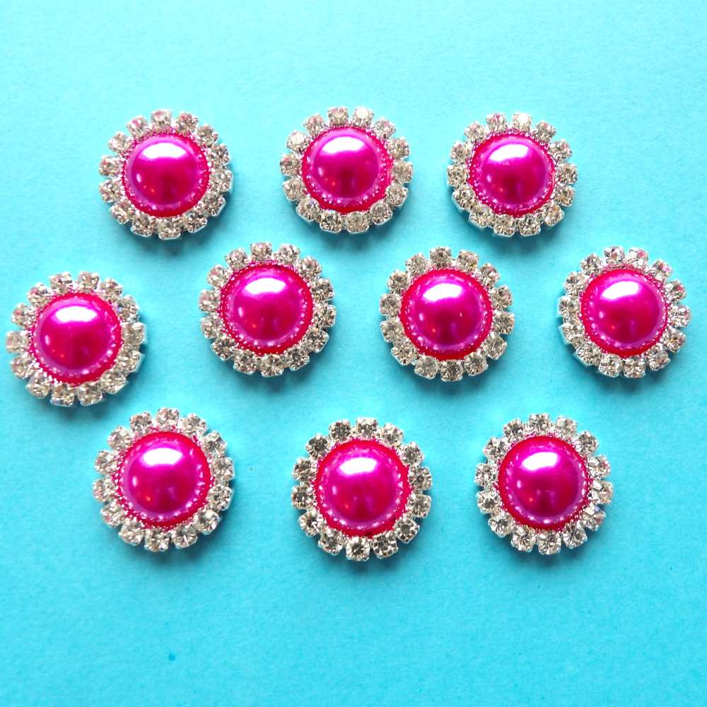 10 Round shape with sparkly diamantes and 12mm Cerise Pink pearl in centre flat back size 18mm clearance