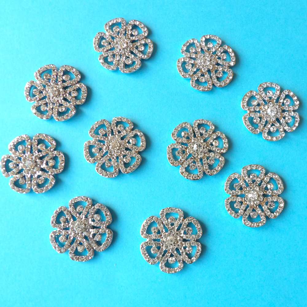 10 Flower shape with sparkly diamantes metal flat back size 29mm clearance