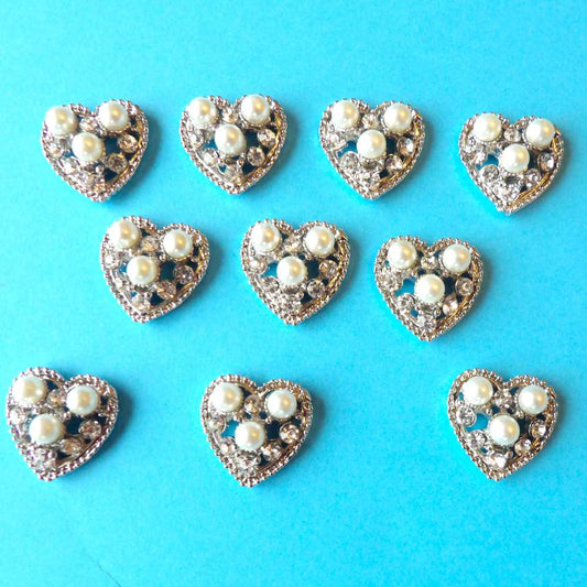 10 Heart shape with sparkly diamantes and silver colour metal pearls flat back size 22mm clearance