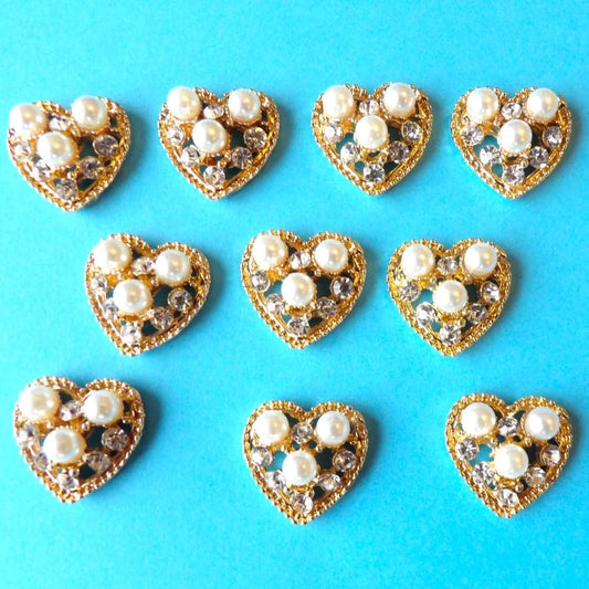 10 Heart shape with sparkly diamantes and gold colour metal pearls flat back size 22mm clearance