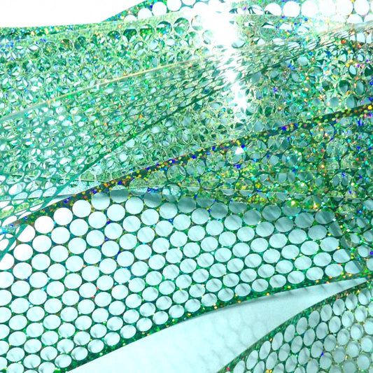 10 metres 0f holographic jade green type PUNCHINELLA SEQUIN WASTE 80mm wide [ 8mm holes ] clearance