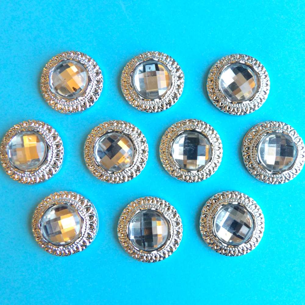 10 Round shape with fancy edge and 12mm clear stone metal flat back size 20mm clearance