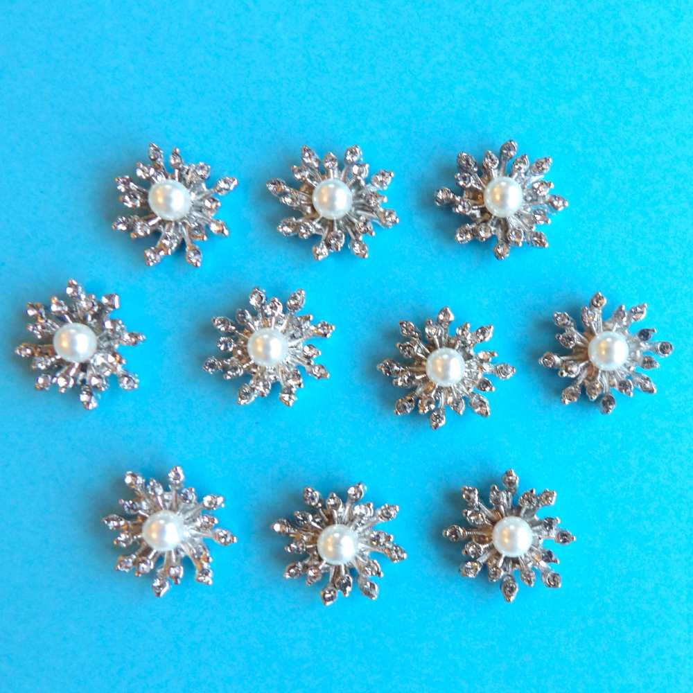 10 Small Flower shape with diamantes pearl metal flat back size 15mm c ...