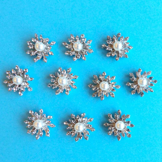 10 Small Flower shape with diamantes pearl metal flat back size 15mm clearance