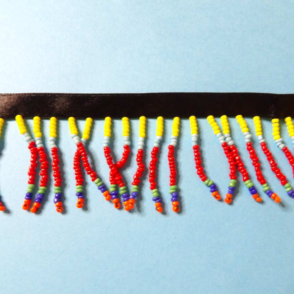 10 metres of Yellow, Blue, Red Colour beaded fringing with 9mm ribbon 50mm wide clearance