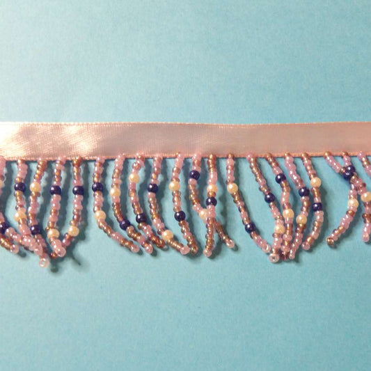 10 metres of Lilac and White, Blue Pearls colour beaded fringing with 9mm ribbon 45mm wide clearance