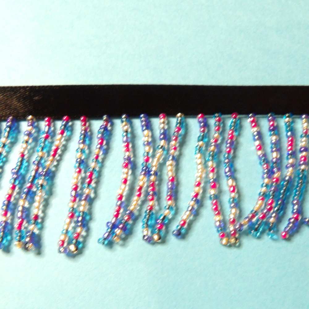 10 metres of Multi turquoise, cerise, silver colour beaded fringing with 9mm ribbon 50mm wide clearance