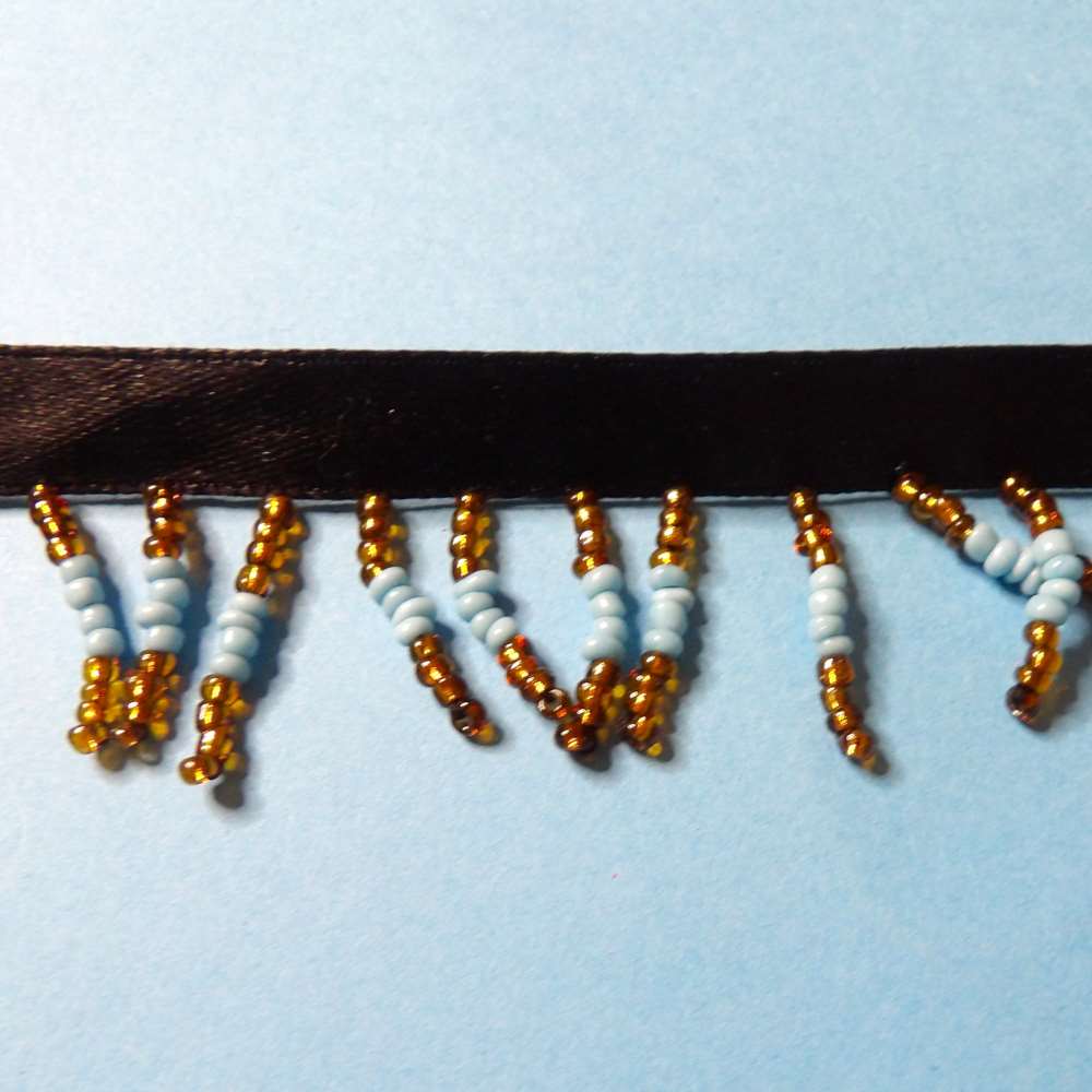 10 metres of Turquoise and Dark Gold Colour beaded fringing with 10mm ribbon 30mm wide clearance