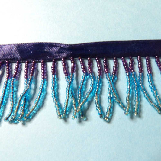 10 metres of  Turquoise and Navy Colour beaded fringing with 9mm ribbon 45mm wide clearance